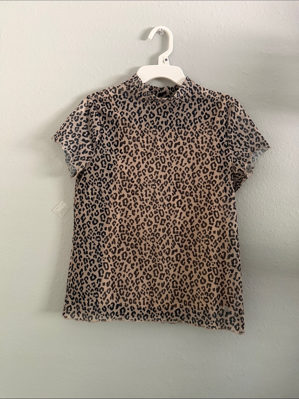 Justice Short Sleeve Mock Neck Tee in Beige and Black Leopard Print